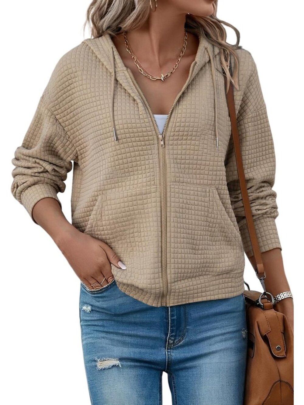 Women's Khaki Oversized Sweatshirt V-Neck kangaroo pockets Waffle Hooded Jacket
